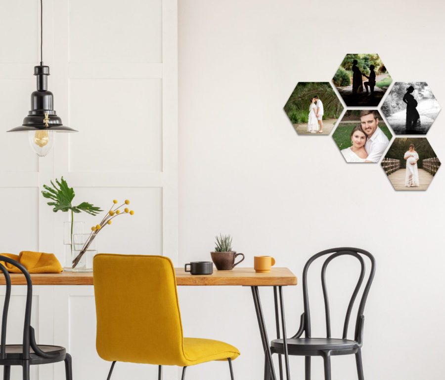 Hexagon prints in either wood or metal in various quantities